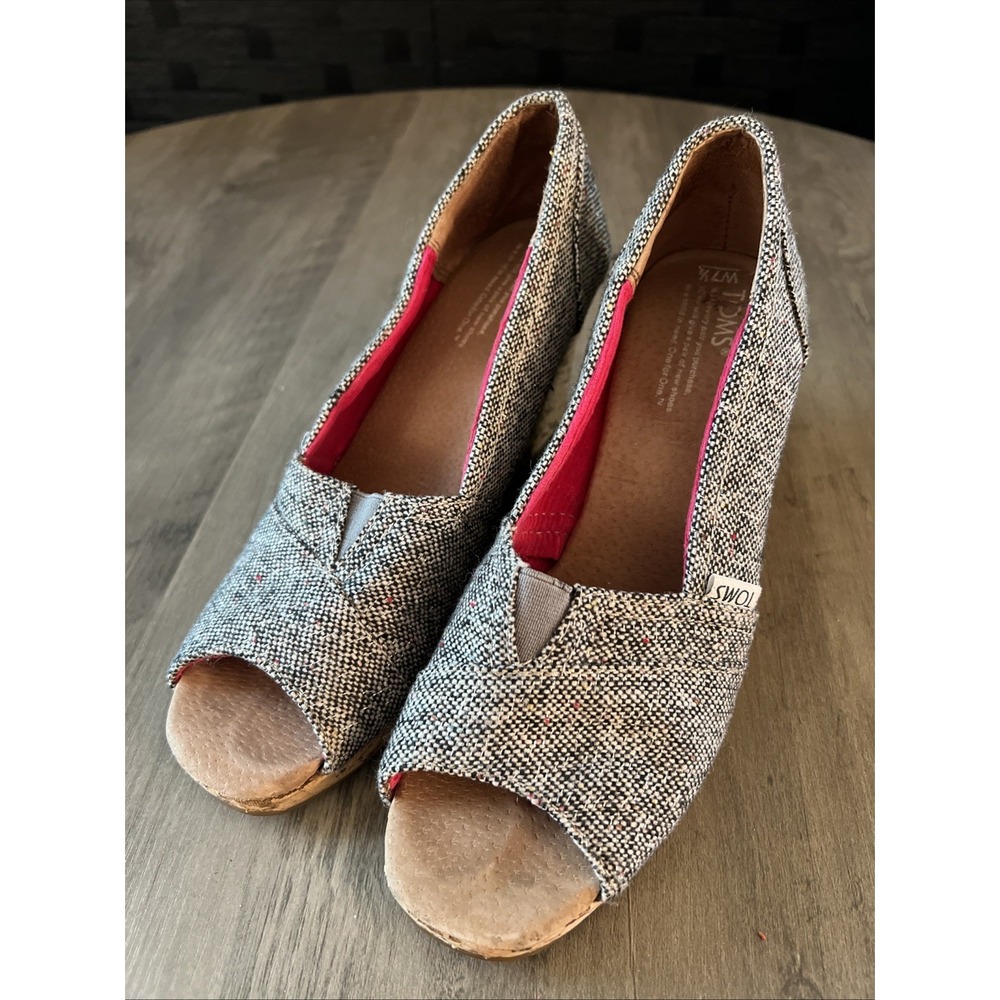 Toms‎ Womens Classic Wedge Size 7.5 Gray Tweed Slip On Shoe Cork Heel Open Toe